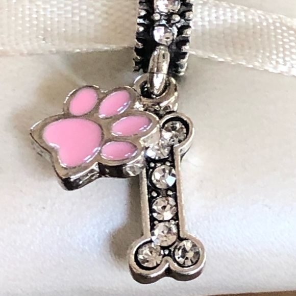 Dog paw charm with bone silver& pink Dangles - Picture 2 of 3